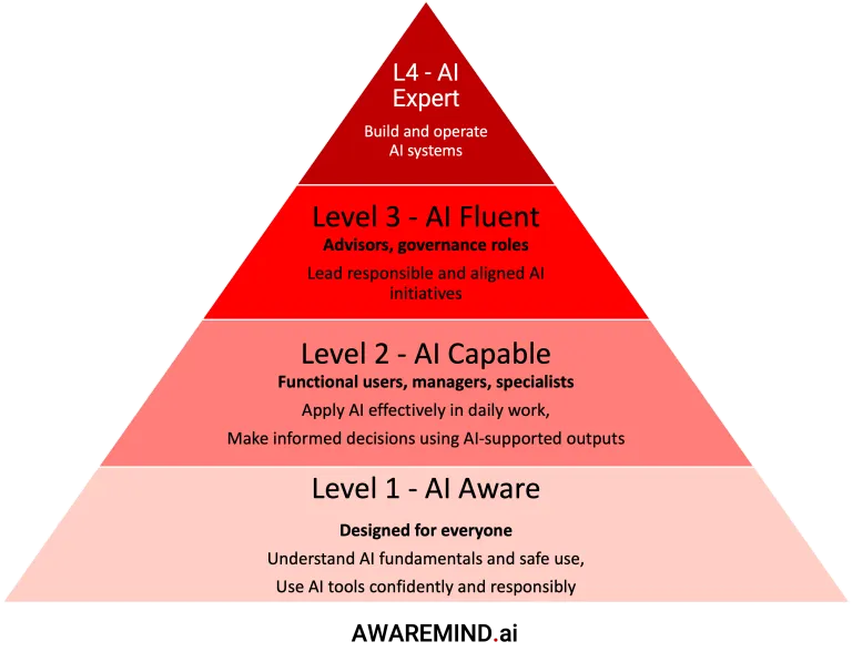AI literacy pyramid showing four levels of training aligned with Article 4 and Recital 20 of the EU AI Act